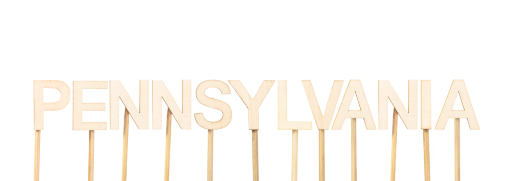 Pennsylvania in handcrafted wooden letters, a useful resource for content on history, educational maps, and American graphic design