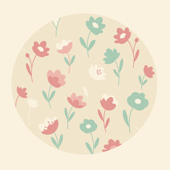 Floral pattern design with pastel colored flowers in a circular shape.