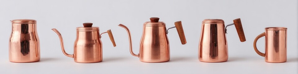 Copper coffee or tea kettles and mugs