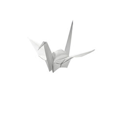 A single white origami paper crane, a symbol of peace and hope, isolated on transparent background