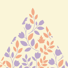 Floral pattern design with pastel colors in a geometric triangle shape. Simple, repetitive floral pattern of mauve flowers and coral leaves on a light beige background.