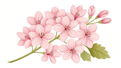 Fototapeta premium Delicate pink cherry blossoms with green leaves on a white background