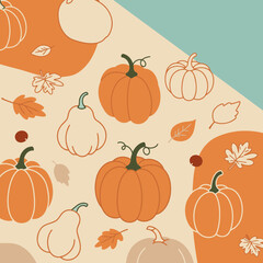 Autumnal pumpkin and gourd pattern with fall leaves on a beige background. Simple shapes and muted color palette with various sizes of pumpkins, gourds, and leaves create a seamless seasonal design.