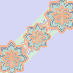 Abstract paper flowers in muted peach and mint green colors on a pastel purple and mint green background. Decorative, layered floral pattern with a diagonal stripe.