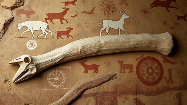 Giant sloth bone adorned with shifting cave paintings depicting hunting scenes and celestial maps.
