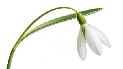 Obraz premium Delicate white snowdrop flower with green stem and leaves on a white background