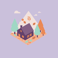 Autumn cabin nestled in a forest landscape with warm color palette. Isometric view showcasing a cozy home surrounded by trees and autumn leaves.