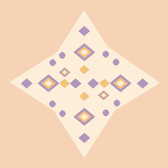 Geometric star pattern with pastel colors on a light peach background. Abstract design with overlapping diamonds and circles.
