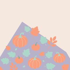Autumnal pumpkin and leaf design with a muted color palette. Simple, flat illustrations of pumpkins and leaves arranged on a lavender background with a triangle of off-white.
