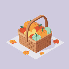 Autumnal basket filled with colorful seasonal fruits and vegetables. Full basket positioned on a surface with autumn leaves.