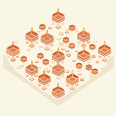 Diwali diyas arranged in an isometric pattern on a textured background.