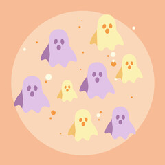 Pastel ghosts in various shades of purple and yellow on a soft peach background. Cute spooky figures floating amidst small colorful dots, creating a whimsical Halloween-themed design.