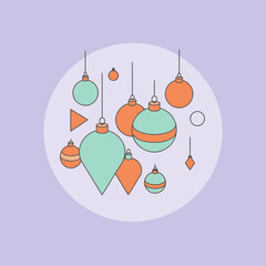 Christmas ornaments in muted colors, hanging in a circle. Modern design with simple shapes and soft tones.