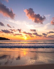 Obraz premium Vibrant sunset over a calm ocean, reflecting colors on the wet sand