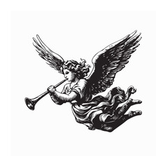 Spiritual Angel Flying Above the Clouds Playing a Trumpet in a Bright Heavenly Setting © Edo