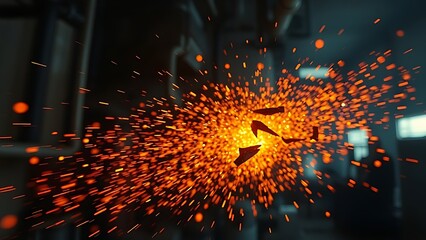 Abstract sparks and molten metal particles mid-air in a dark industrial environment, glowing orange highlights with motion blur.