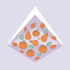 Autumnal pumpkin and gourd design with fall leaves. Abstract graphic design with seasonal produce and foliage. Modern illustration for graphic design projects -