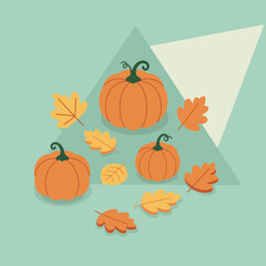 Autumn pumpkins and leaves in a flat design. Colorful graphic design with pumpkins and autumn leaves arranged in an abstract geometric background.