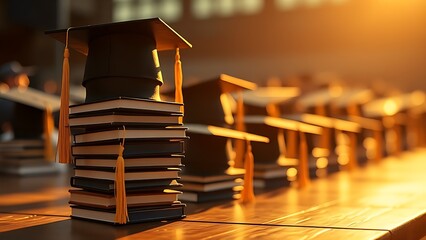 Graduation caps neatly stacked on wood, bathed in warm golden light, evoking academic achievement.