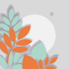 Abstract design featuring orange and mint green leaves in a modern aesthetic. Colorful paper cutouts against a light gray backdrop with circles.