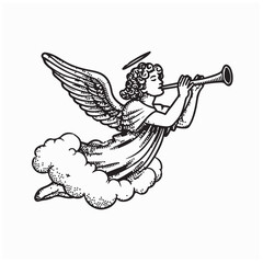 Fototapeta premium Winged Angel Flying in the Sky Blowing a Divine Trumpet