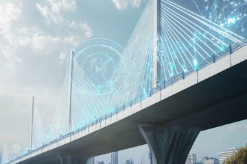 Fototapeta premium Innovative cable-stayed bridge showcasing advanced technology and urban design along the river