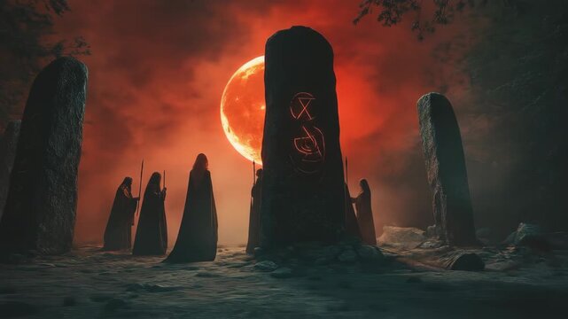 coven of witches, eerie and spooky ritual under red moon with mystical symbols carved into ancient stone circle. halloween concept, witchery and magic, folklore
