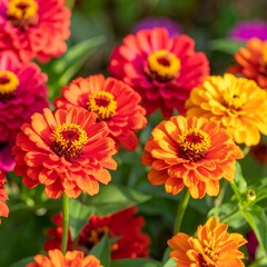 Vibrant orange and pink flowers in a garden setting, sunlit