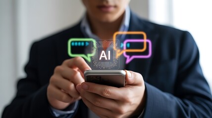 Person Using Phone with AI Chip and Colorful Chat Bubbles Overlay artificial intelligence