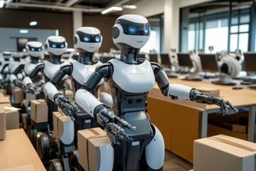 Robots sorting packages in a modern workspace during daytime