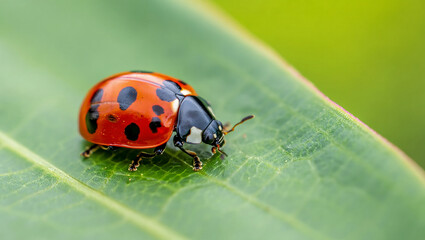Fototapeta premium Close up of a bright red ladybug with black spots resting on a vibrant green leaf