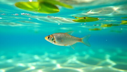 Fototapeta premium Small striped fish swims in clear blue water with sunlight patterns on the sandy bottom