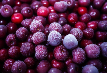 Frozen cherries close-up, harvest cherries  