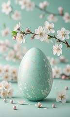 Fototapeta premium Elegant teal easter egg adorned with cherry blossoms and gold kintsugi accents
