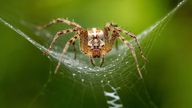 Close up of a garden spider on its web with dew drops