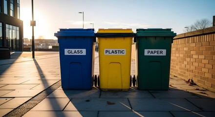 Recycling containers stand in a row for waste sorting in an outdoor urban area.