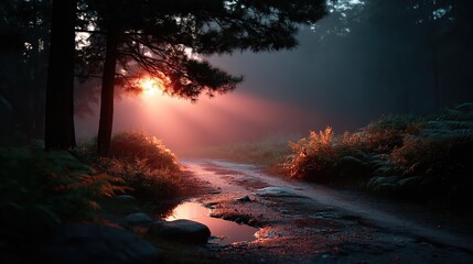 Fototapeta premium Sun-kissed Misty Forest Path: Glowing Rays and Reflective Puddles at Sunrise