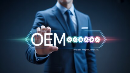 Man in suit interacts with OEM digital interface with icons and text business technology