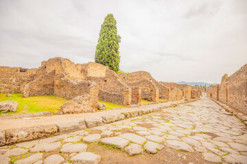 View of the historical ruins of Pompeii in Italy. Top destinations in Italy. Trip to Europe.