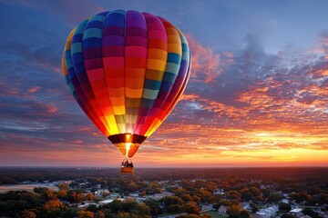 Fototapeta premium Colorful hot air balloon flying over a scenic landscape at sunset