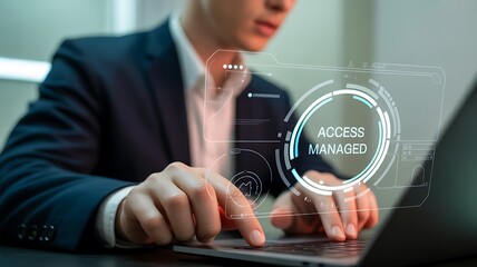 Person using laptop with ACESMANAGED digital interface in office setting business