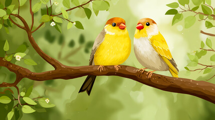 Two birds sitting on the branch of a tree with a green leaves background