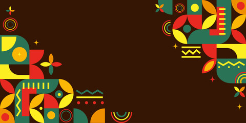 African inspired geometric border banner design with colorful tribal patterns in red, yellow, green, and brown, suitable for invitations, posters, greeting cards, cultural event , background.Vector