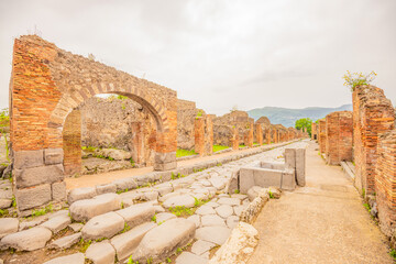 View of the historical ruins of Pompeii in Italy. Top destinations in Italy. Trip to Europe.