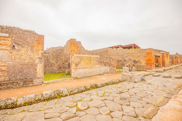 View of the historical ruins of Pompeii in Italy. Top destinations in Italy. Trip to Europe.