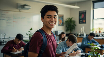 Photo of a smiling male student with a backpack holds a notebook in a classroom setting with other students studying