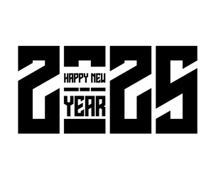 2025 Happy New Year Bold Black Typography Design on White Background

