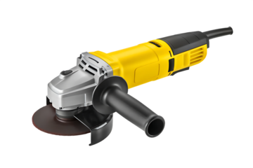 Yellow and silver angle grinder with handle isolated on a transparent background