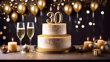 a stylish three tier cake with 30 candles surrounded by champagne flutes and festive decorations perfect for a 30th birthday celebration