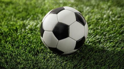 The classic black and white soccer ball on lush green grass.